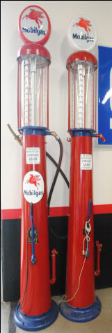 1930'S MOBILGAS. RED & DARK BLUE. TALL VISSIBLE WAYNE. WITH GLOBE. NEW RESTORATION.  2 AVAILABLE $4800 EACH