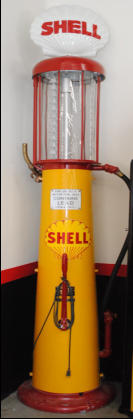 1930'S SHELL, YELLOW & RED. TALL VISSIBLE WAYNE WITH GLASS SHELL GLOBE. $4800